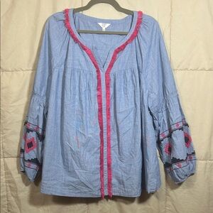 Crown & Ivy Blue Blouse with Pink Trim